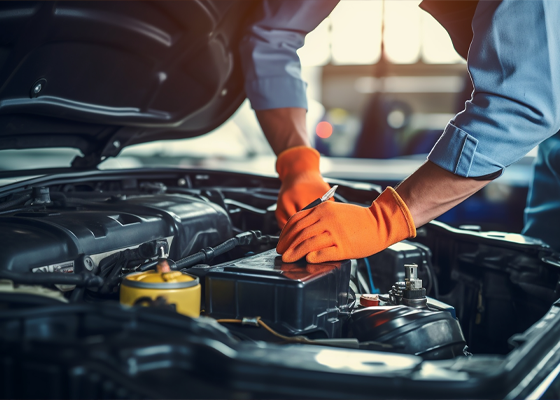 réparation automobile sur le moteur d'une voiture par un mécanicien auto dans la cour d'une casse auto ou d'un garage